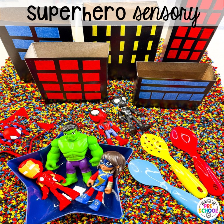90 Sensory Table Ideas for the Year 9 Superhero sensory! Sensory table ideas for the whole year! There are ideas for so many popular early childhood themes, food & nonfood filler ideas, and lots of props and treasures to use with preschool, pre-k, and kindergarten students!
