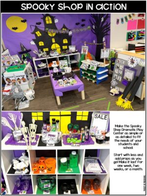 Spooky Shop Dramatic Play is a fun theme you can do in your pretend or dramatic play center for a Halloween theme, nocturnal animals theme, or during the fall.