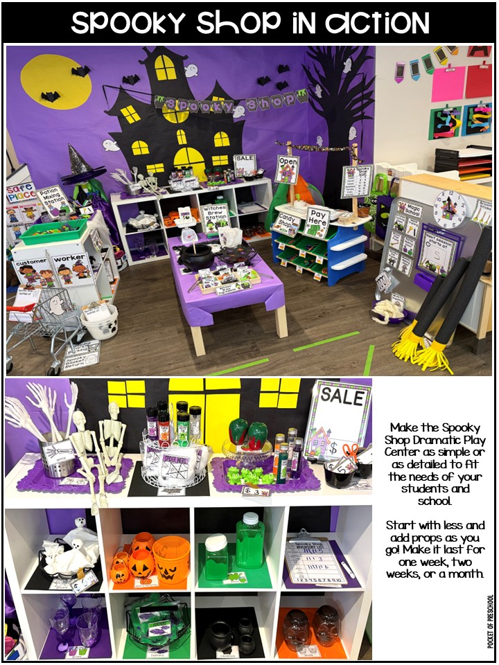 Spooky Shop Dramatic Play Pretend Play Printables for Preschool PreK Kinder 2 Spooky Shop Dramatic Play is a fun theme you can do in your pretend or dramatic play center for a Halloween theme, nocturnal animals theme, or during the fall.