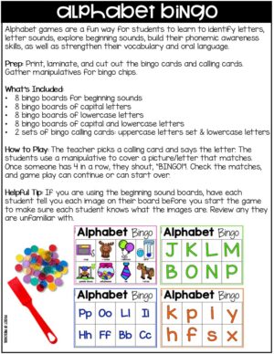 Alphabet Bingo Games are a fun, hands-on alphabet game! Students will learn through play to practice identifying uppercase letters, lowercase letters, and letter sounds. This was created for preschool, pre-k, TK, and kindergarten classrooms.