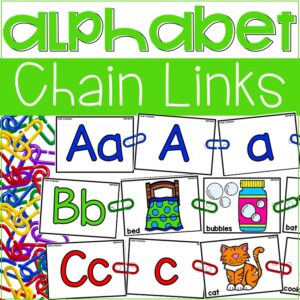 Alphabet Chains are a fun, hands-on alphabet game! Students will learn through play to practice identifying uppercase letters, lowercase letters, and letter sounds. This was created for preschool, pre-k, TK, and kindergarten classrooms.