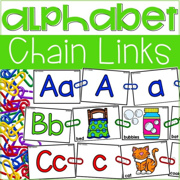 Alphabet Chains are a fun, hands-on alphabet game! Students will learn through play to practice identifying uppercase letters, lowercase letters, and letter sounds. This was created for preschool, pre-k, TK, and kindergarten classrooms.