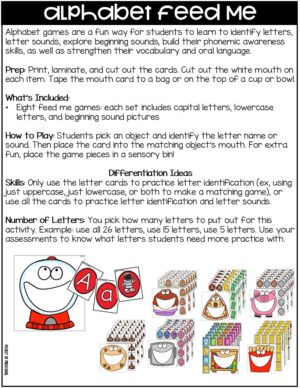 Alphabet Feed Me is a fun, hands-on alphabet game! Students will learn through play to practice identifying uppercase letters, lowercase letters, and letter sounds. This was created for preschool, pre-k, TK, and kindergarten classrooms.