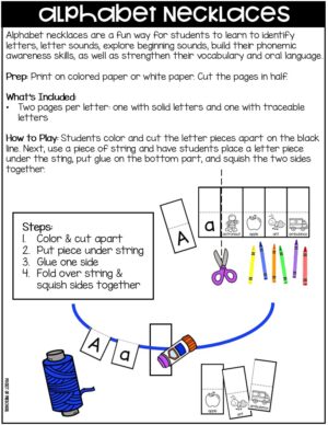 Alphabet Necklaces are a fun, hands-on alphabet game! Students will learn through play to practice identifying uppercase letters, lowercase letters, and letter sounds. This was created for preschool, pre-k, TK, and kindergarten classrooms.