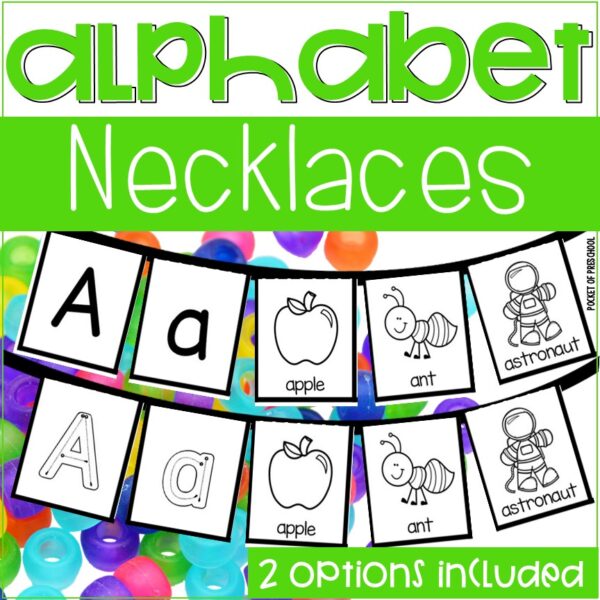 Alphabet Necklaces are a fun, hands-on alphabet game! Students will learn through play to practice identifying uppercase letters, lowercase letters, and letter sounds. This was created for preschool, pre-k, TK, and kindergarten classrooms.
