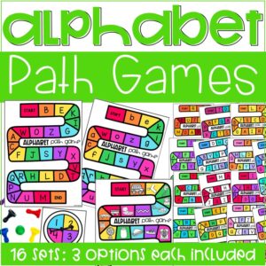 Alphabet Path Games are a fun, hands-on alphabet game! Students will learn through play to practice identifying uppercase letters, lowercase letters, and letter sounds. This was created for preschool, pre-k, TK, and kindergarten classrooms.