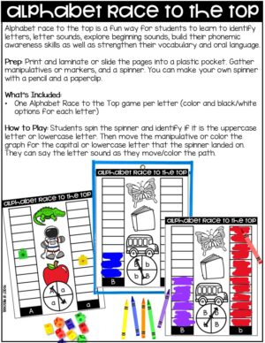 Alphabet Race to the Top Game is a fun, hands-on alphabet game! Students will learn through play to practice identifying uppercase letters, lowercase letters, and letter sounds. This was created for preschool, pre-k, TK, and kindergarten classrooms.