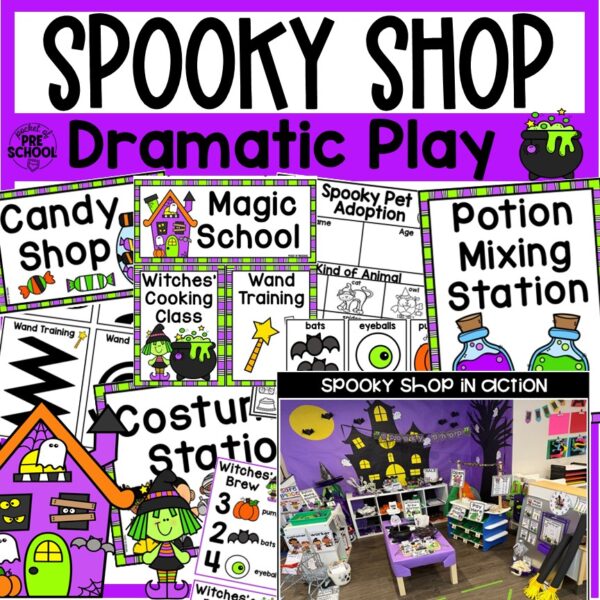 Spooky Shop Dramatic Play is a fun theme you can do in your pretend or dramatic play center for a Halloween theme, nocturnal animals theme, or during the fall.