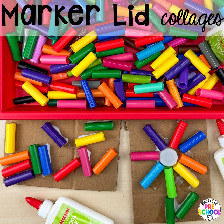 Color Activities for Toddler, Preschool, & Pre-K 28 Marker lid collages! Plus more fun color activities for art, sensory, letters, math, fine motor, and science!