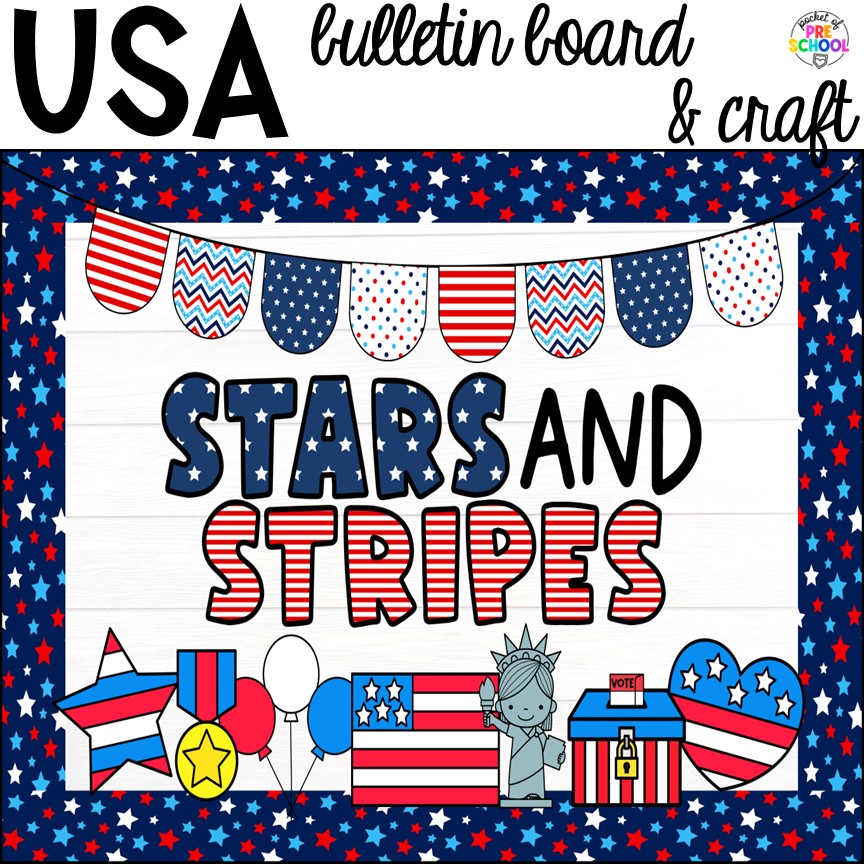 Summer Bulletin Boards & Crafts for Preschool, Pre-K, & Kindergarten 9 USA bulletin board! Check out these adorable summer bulletin board kits & crafts. They are low-prep and perfect for preschool, pre-k, and kindergarten classrooms.