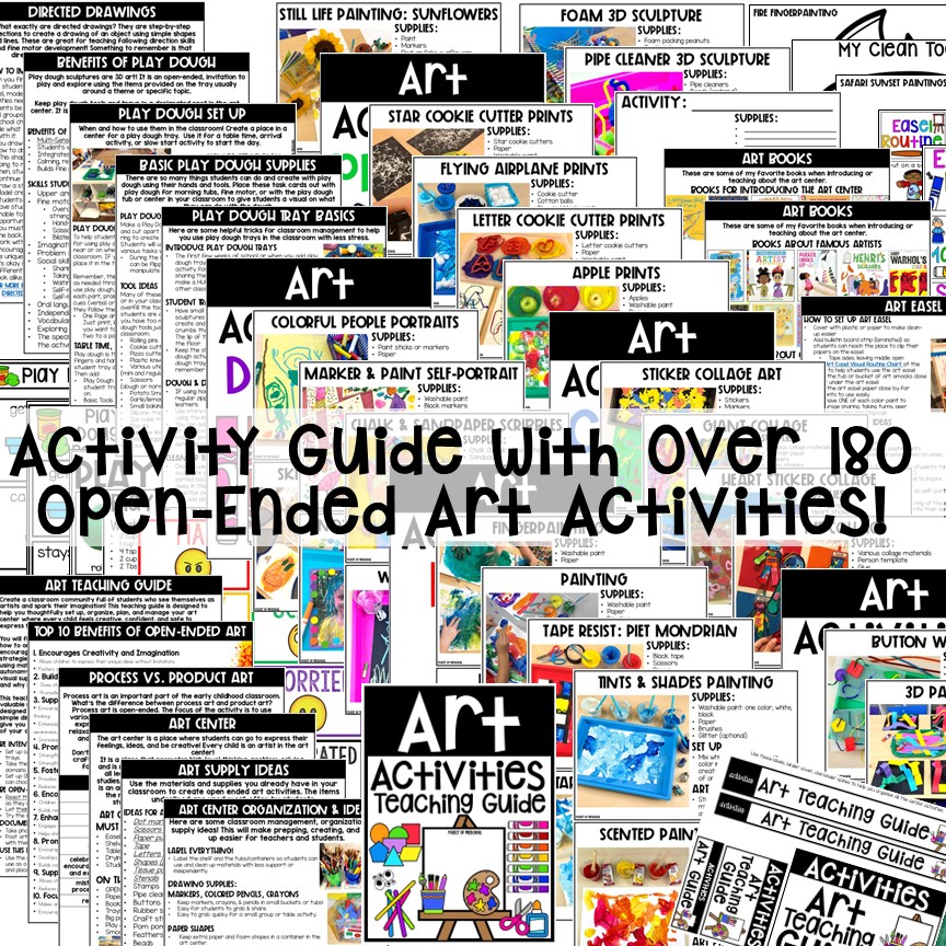 Open Ended Art Activity Guide for Preschool, Pre-K, TK, and Kindergarten 2 Open-ended art guide for preschool, pre-k, and kindergarten teachers that has over 180 activity ideas.