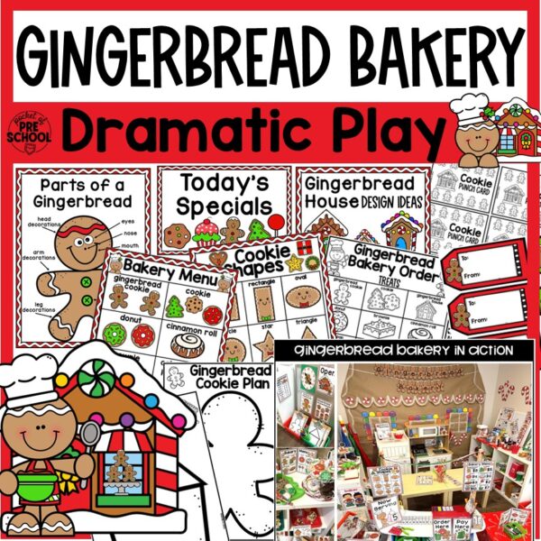 Gingerbread Bakery (Christmas Bakery) Dramatic Play is a fun theme you can do in your pretend or dramatic play center for a gingerbread theme, sweets theme, Christmas theme, or holidays around the world theme!