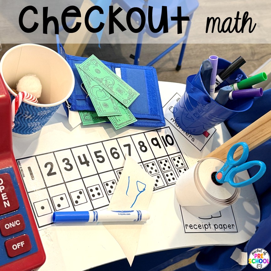 Hot Cocoa Stand Dramatic Play for Preschool, Pre-k, and Kindergarten 10 Checkout math! Transform your pretend area into a hot cocoa stand for hours of winter fun! This dramatic play unit incorporates so much math, literacy, and social skills for preschool, pre-k, and kindergarten students.