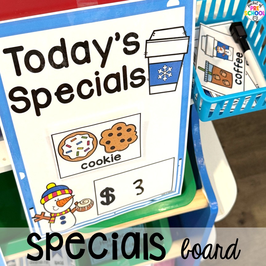Hot Cocoa Stand Dramatic Play for Preschool, Pre-k, and Kindergarten 12 Specials board! Transform your pretend area into a hot cocoa stand for hours of winter fun! This dramatic play unit incorporates so much math, literacy, and social skills for preschool, pre-k, and kindergarten students.