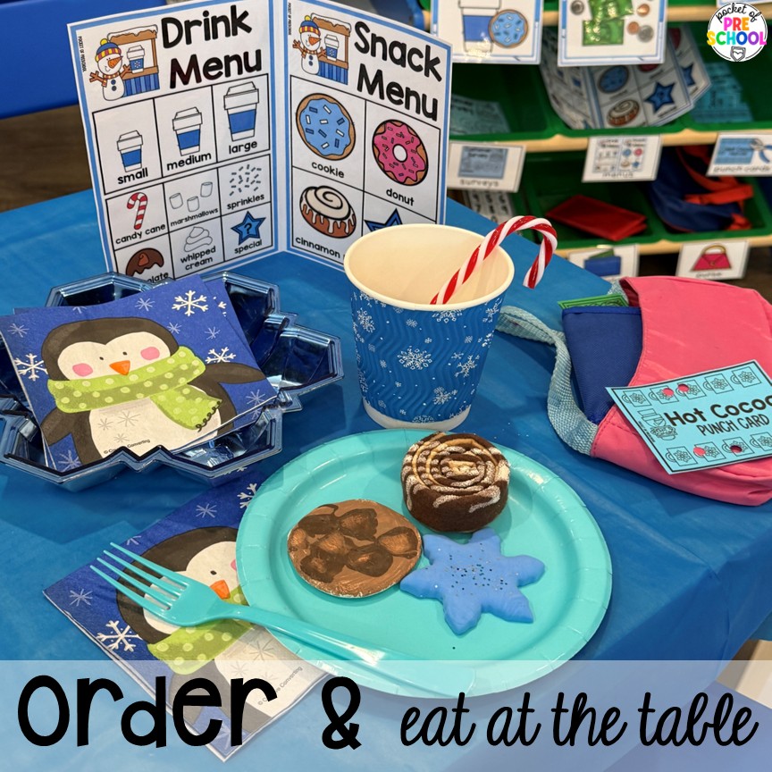 Hot Cocoa Stand Dramatic Play for Preschool, Pre-k, and Kindergarten 14 Order & eat at the table! Transform your pretend area into a hot cocoa stand for hours of winter fun! This dramatic play unit incorporates so much math, literacy, and social skills for preschool, pre-k, and kindergarten students.