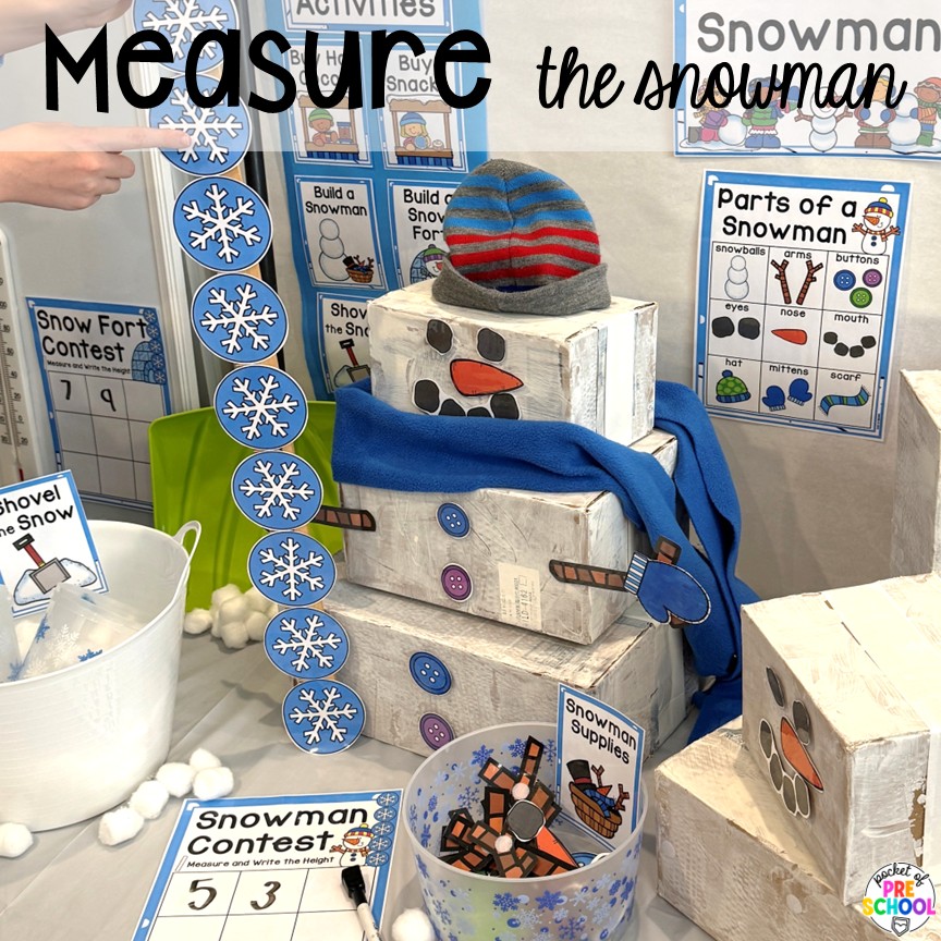 Hot Cocoa Stand Dramatic Play for Preschool, Pre-k, and Kindergarten 16 Measure the snowman! Transform your pretend area into a hot cocoa stand for hours of winter fun! This dramatic play unit incorporates so much math, literacy, and social skills for preschool, pre-k, and kindergarten students.