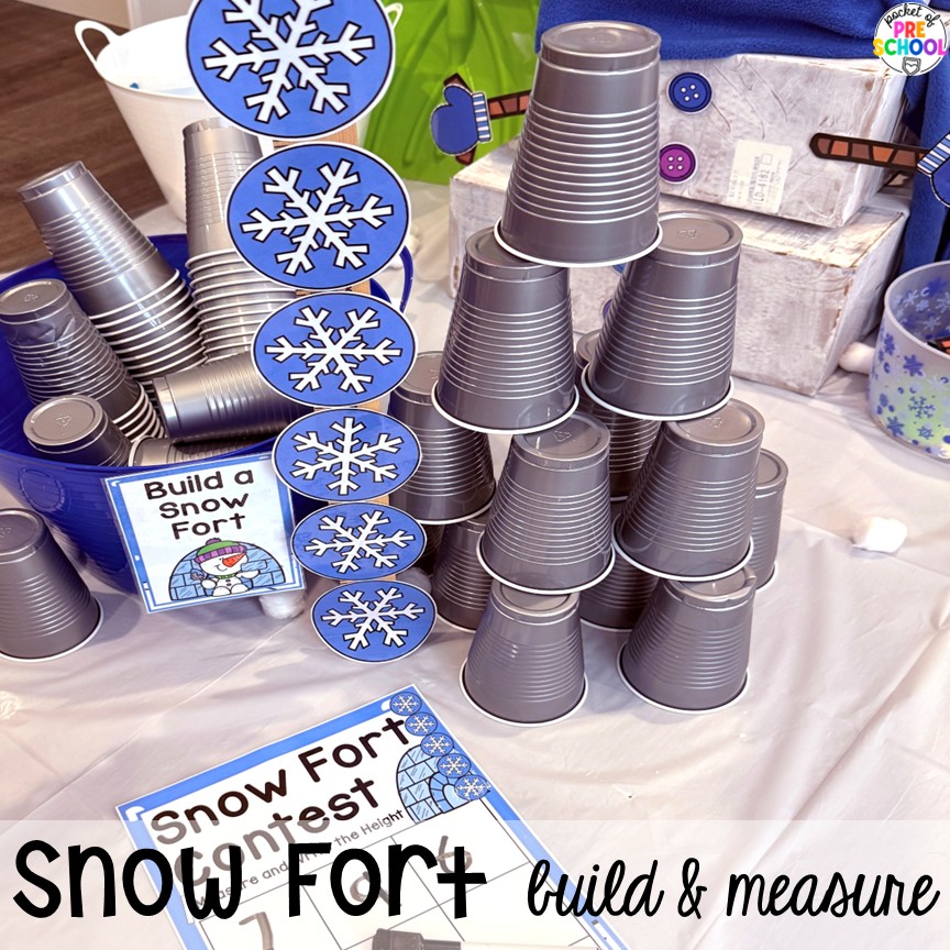Hot Cocoa Stand Dramatic Play for Preschool, Pre-k, and Kindergarten 17 Snow fort build & measure! Transform your pretend area into a hot cocoa stand for hours of winter fun! This dramatic play unit incorporates so much math, literacy, and social skills for preschool, pre-k, and kindergarten students.