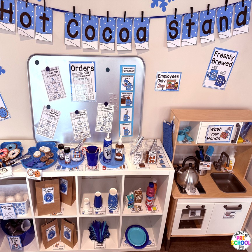 Hot Cocoa Stand Dramatic Play for Preschool, Pre-k, and Kindergarten 2 Transform your pretend area into a hot cocoa stand for hours of winter fun! This dramatic play unit incorporates so much math, literacy, and social skills for preschool, pre-k, and kindergarten students.