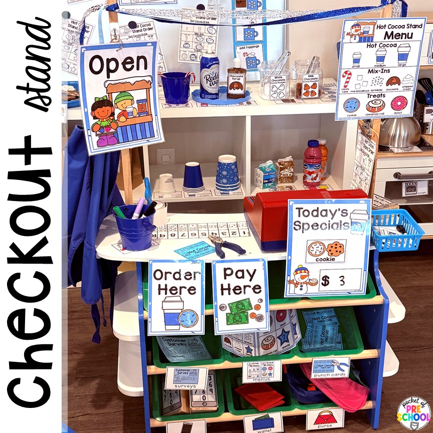 Hot Cocoa Stand Dramatic Play for Preschool, Pre-k, and Kindergarten 3 Checkout stand! Transform your pretend area into a hot cocoa stand for hours of winter fun! This dramatic play unit incorporates so much math, literacy, and social skills for preschool, pre-k, and kindergarten students.