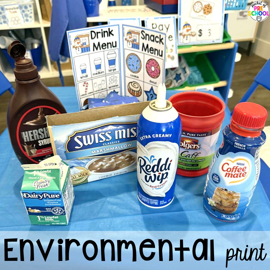 Hot Cocoa Stand Dramatic Play for Preschool, Pre-k, and Kindergarten 7 Using environmental print! Transform your pretend area into a hot cocoa stand for hours of winter fun! This dramatic play unit incorporates so much math, literacy, and social skills for preschool, pre-k, and kindergarten students.