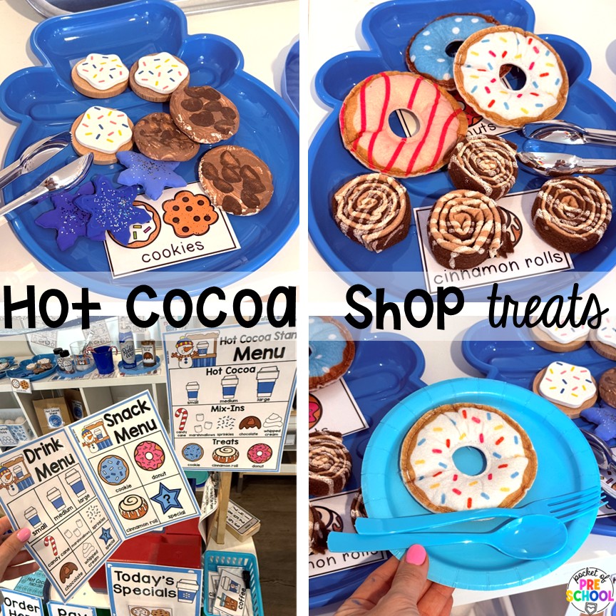 Hot Cocoa Stand Dramatic Play for Preschool, Pre-k, and Kindergarten 8 Hot cocoa shop treats! Transform your pretend area into a hot cocoa stand for hours of winter fun! This dramatic play unit incorporates so much math, literacy, and social skills for preschool, pre-k, and kindergarten students.