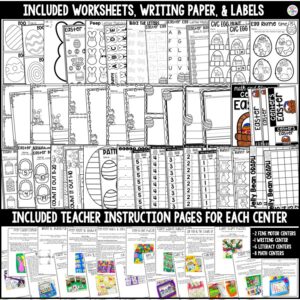 Math and literacy centers with an Easter theme made for preschool, pre-k, and kindergarten students