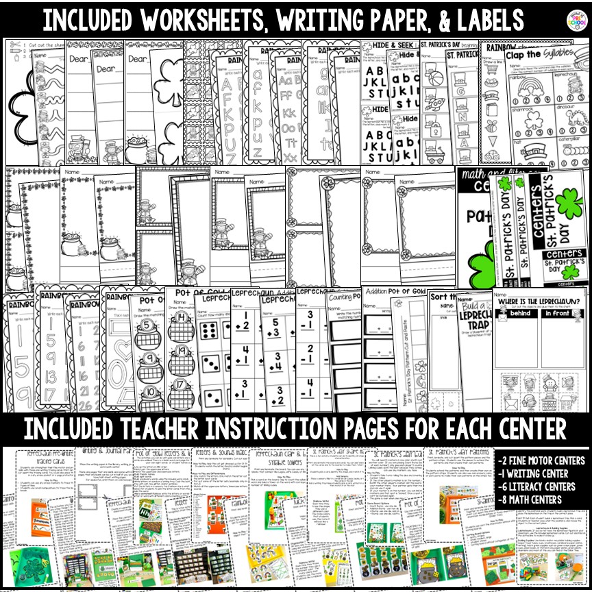 Holidays Math and Literacy Centers BUNDLE for Preschool, Pre-K, & Kindergarten 9 Have a St. Patrick's Day theme in your preschool, pre-k, or kindergarten classroom while learning math and literacy skills.