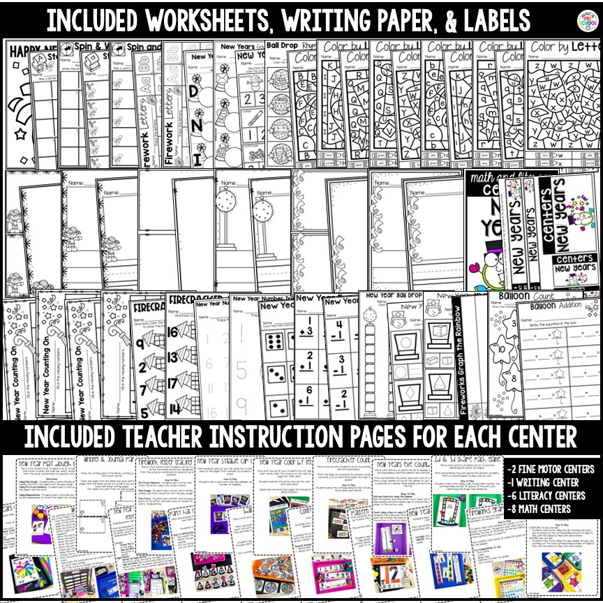 Holidays Math and Literacy Centers BUNDLE for Preschool, Pre-K, & Kindergarten 3 New Years Math and Literacy Centers Unit for preschool, pre-k, and kindergarten
