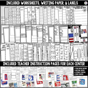 Math and literacy centers with a USA theme made for preschool, pre-k, or kindergarten students