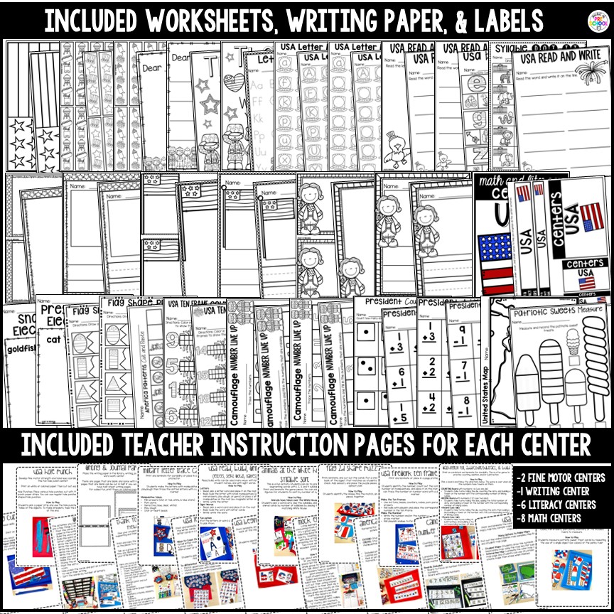 Holidays Math and Literacy Centers BUNDLE for Preschool, Pre-K, & Kindergarten 4 Math and literacy centers with a USA theme made for preschool, pre-k, or kindergarten students