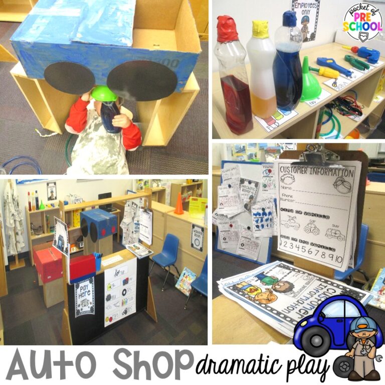 Create an auto shop dramatic play in your preschool, pre-k, and kindergarten classroom for learning through play. Students will learn so many social skills, math, literacy, science, & STEM skills.