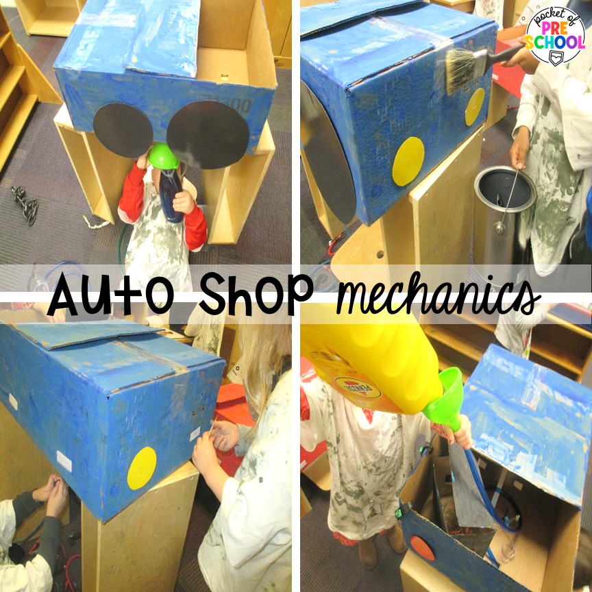 Auto Shop Transportation Dramatic Play 8 Auto shop mechanics! Create an auto shop dramatic play in your preschool, pre-k, and kindergarten classroom for learning through play. Students will learn so many social skills, math, literacy, science, & STEM skills.