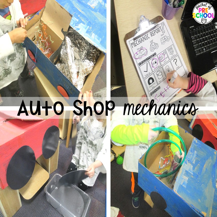 Auto Shop Transportation Dramatic Play 9 Auto shop mechanics! Create an auto shop dramatic play in your preschool, pre-k, and kindergarten classroom for learning through play. Students will learn so many social skills, math, literacy, science, & STEM skills.