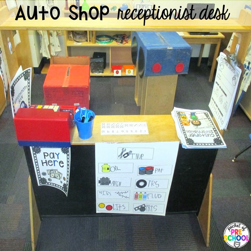 Auto Shop Transportation Dramatic Play 10 Auto shop receptionist desk! Create an auto shop dramatic play in your preschool, pre-k, and kindergarten classroom for learning through play. Students will learn so many social skills, math, literacy, science, & STEM skills.