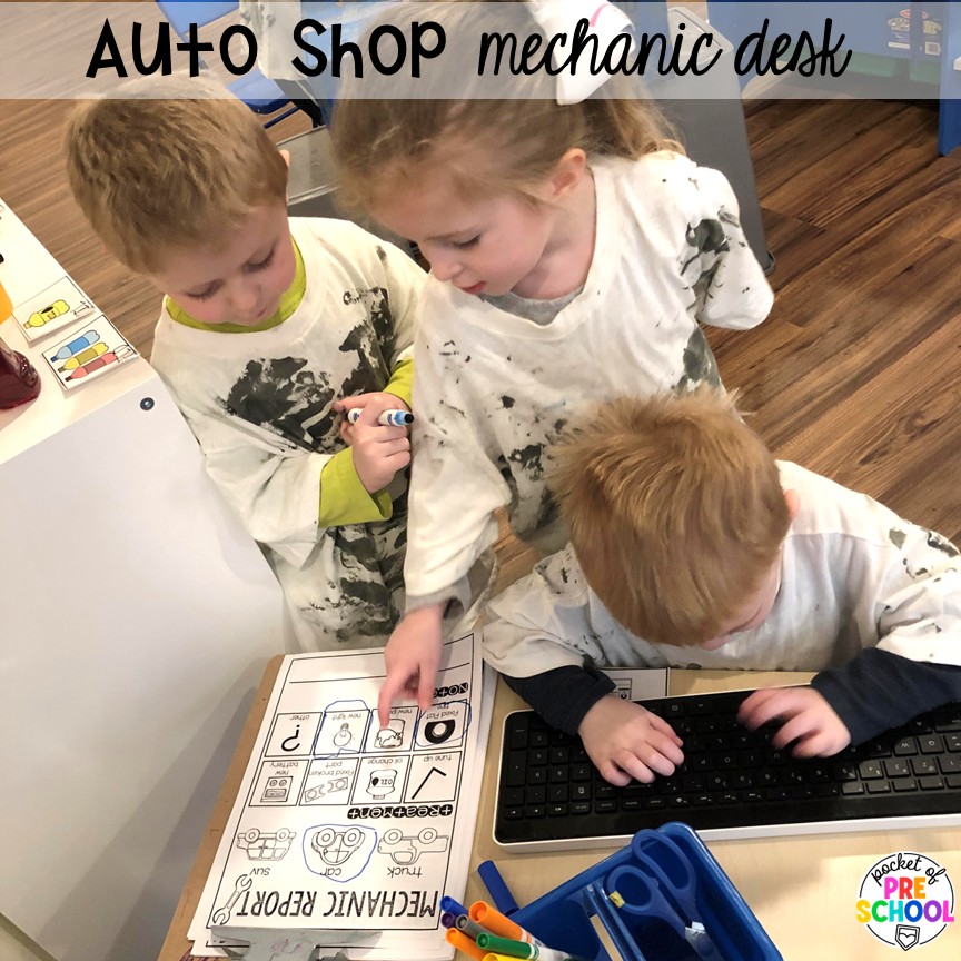 Auto Shop Transportation Dramatic Play 12 Auto shop mechanic desk! Create an auto shop dramatic play in your preschool, pre-k, and kindergarten classroom for learning through play. Students will learn so many social skills, math, literacy, science, & STEM skills.