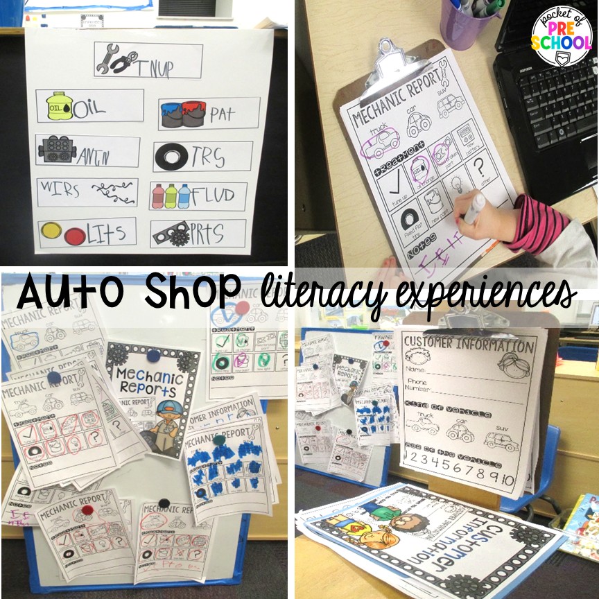 Auto Shop Transportation Dramatic Play 13 Auto shop literacy experiences! Create an auto shop dramatic play in your preschool, pre-k, and kindergarten classroom for learning through play. Students will learn so many social skills, math, literacy, science, & STEM skills.