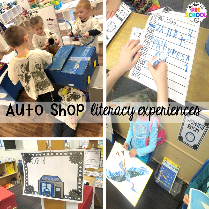 Auto Shop Transportation Dramatic Play 14 Auto shop literacy experiences! Create an auto shop dramatic play in your preschool, pre-k, and kindergarten classroom for learning through play. Students will learn so many social skills, math, literacy, science, & STEM skills.