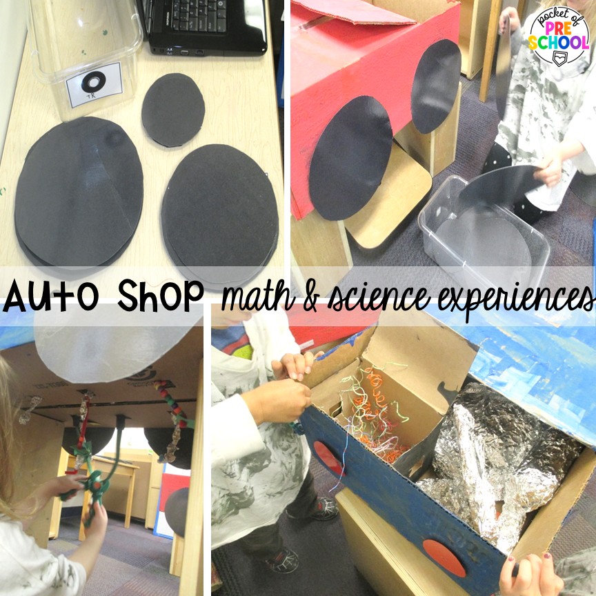 Auto Shop Transportation Dramatic Play 15 Auto shop math & science experiences! Create an auto shop dramatic play in your preschool, pre-k, and kindergarten classroom for learning through play. Students will learn so many social skills, math, literacy, science, & STEM skills.