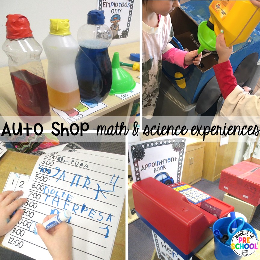 Auto Shop Transportation Dramatic Play 16 Auto shop math & science experiences! Create an auto shop dramatic play in your preschool, pre-k, and kindergarten classroom for learning through play. Students will learn so many social skills, math, literacy, science, & STEM skills.