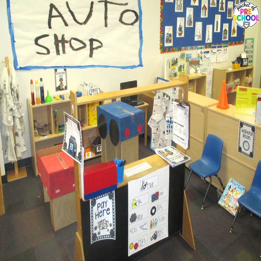 Auto Shop! How to change your dramatic play center an Auto Shop in your preschool, pre-k, and kindergarten classroom. Perfect for a transportation theme! Create an auto shop dramatic play in your preschool, pre-k, and kindergarten classroom for learning through play. Students will learn so many social skills, math, literacy, science, & STEM skills.