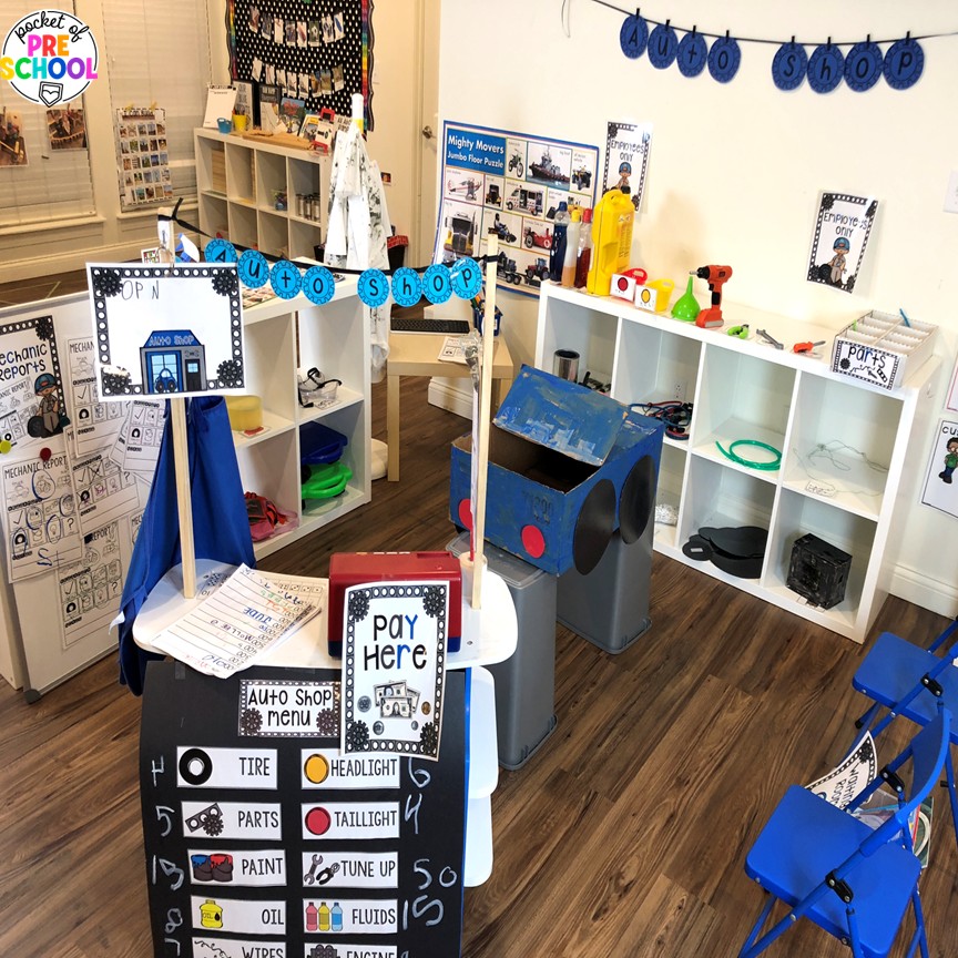 Auto Shop Transportation Dramatic Play 1 Create an auto shop dramatic play in your preschool, pre-k, and kindergarten classroom for learning through play. Students will learn so many social skills, math, literacy, science, & STEM skills.