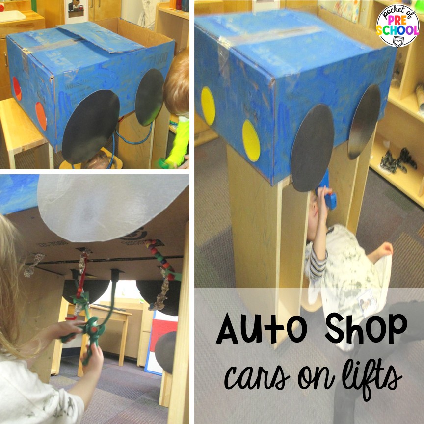Auto Shop Transportation Dramatic Play 2 Cars on lifts at the auto shop! Create an auto shop dramatic play in your preschool, pre-k, and kindergarten classroom for learning through play. Students will learn so many social skills, math, literacy, science, & STEM skills.