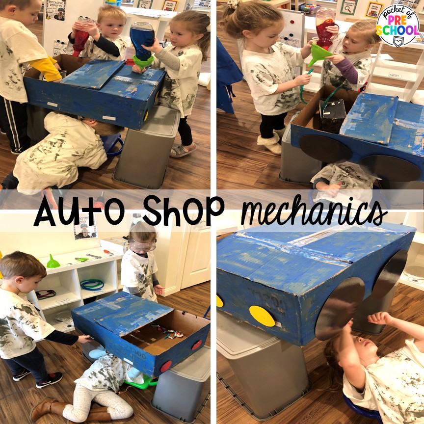 Auto Shop Transportation Dramatic Play 3 Auto shop mechanics! Create an auto shop dramatic play in your preschool, pre-k, and kindergarten classroom for learning through play. Students will learn so many social skills, math, literacy, science, & STEM skills.