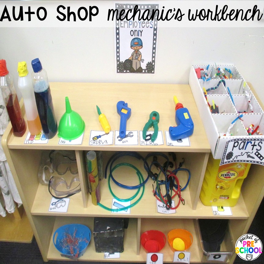 Auto Shop Transportation Dramatic Play 4 Auto shop mechanic's workbench! Create an auto shop dramatic play in your preschool, pre-k, and kindergarten classroom for learning through play. Students will learn so many social skills, math, literacy, science, & STEM skills.