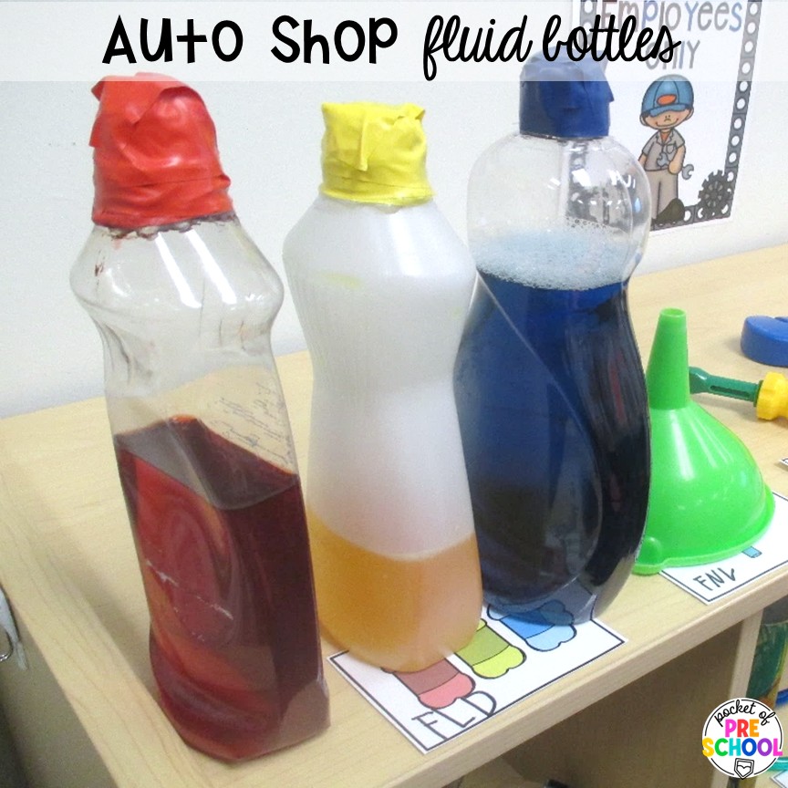 Auto Shop Transportation Dramatic Play 5 Auto shop fluid bottles! Create an auto shop dramatic play in your preschool, pre-k, and kindergarten classroom for learning through play. Students will learn so many social skills, math, literacy, science, & STEM skills.