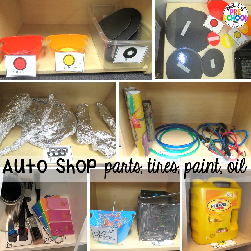 Auto Shop Transportation Dramatic Play 6 Auto shop parts, tires, paint, & oil! Create an auto shop dramatic play in your preschool, pre-k, and kindergarten classroom for learning through play. Students will learn so many social skills, math, literacy, science, & STEM skills.