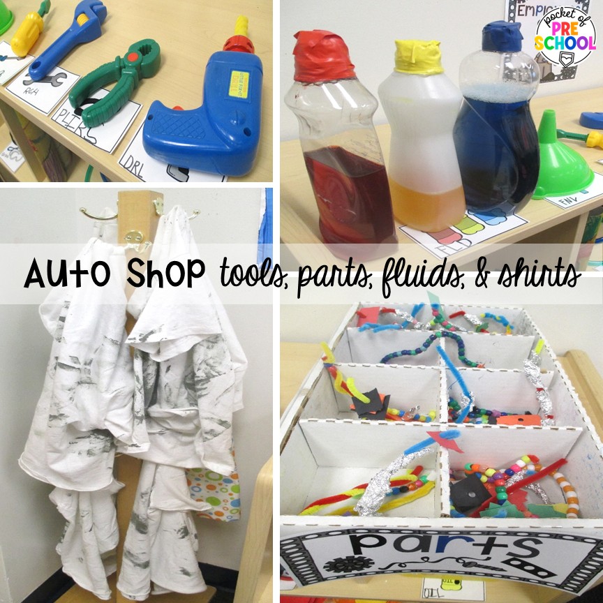 Auto Shop Transportation Dramatic Play 7 Auto shop tools, parts, fluids, & shirts! Create an auto shop dramatic play in your preschool, pre-k, and kindergarten classroom for learning through play. Students will learn so many social skills, math, literacy, science, & STEM skills.