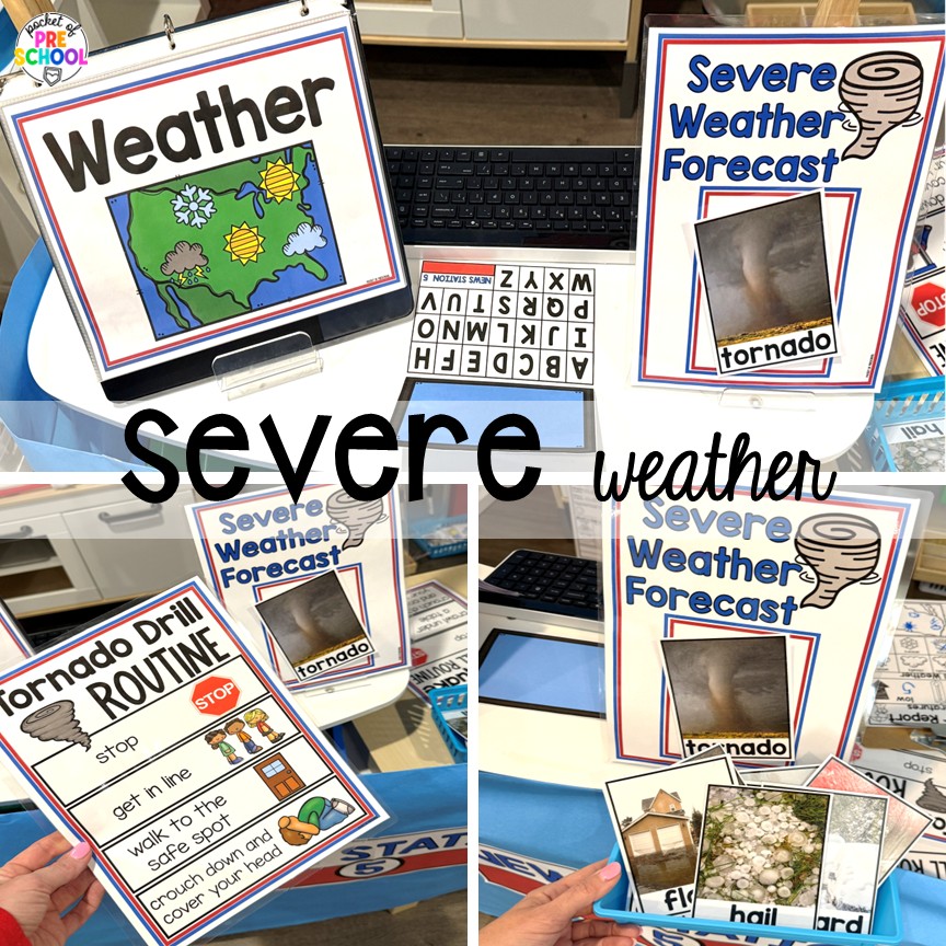 News & Weather Station Dramatic Play for Preschool, Pre-k, and Kindergarten 14 Severe weather! Try a news and weather station in your dramatic play area for tons of development of social skills, communication skills, math, literacy, and science skills. This is designed for preschool, pre-k, and kindergarten students.