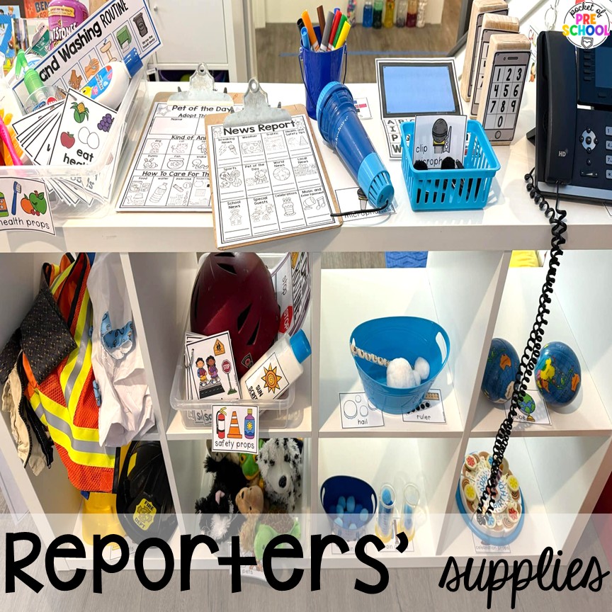 News & Weather Station Dramatic Play for Preschool, Pre-k, and Kindergarten 3 Reporters' supplies! Try a news and weather station in your dramatic play area for tons of development of social skills, communication skills, math, literacy, and science skills. This is designed for preschool, pre-k, and kindergarten students.