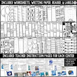 Math and literacy centers for a polar animal study in a preschool, pre-k, or kindergarten room